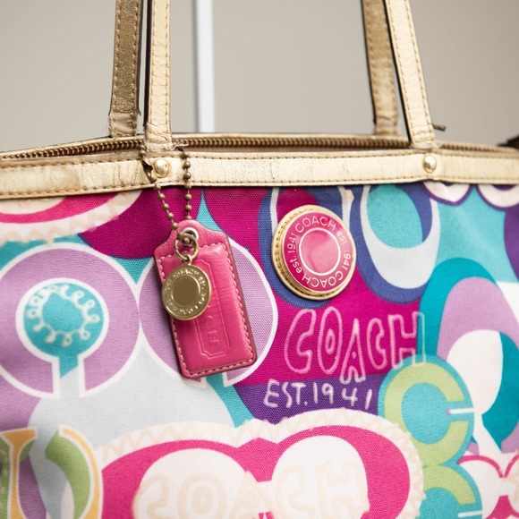 Coach Poppy Pop Graffiti Glam Tote Bag Signature Zip Closure Colorful Gold Trim - Picture 2 of 7